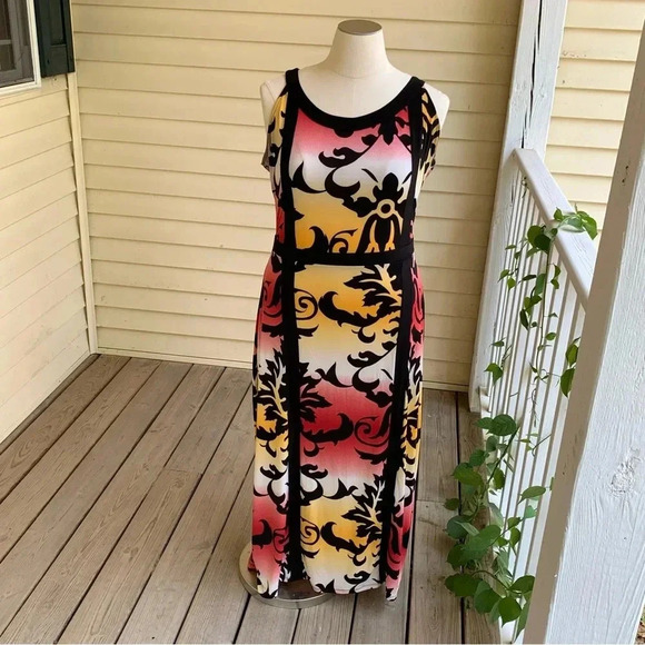 ASHLEY STEWART Maxi Dress Sleeveless Window Pane Floral Plus Size 14 16 Stretch - Picture 2 of 6